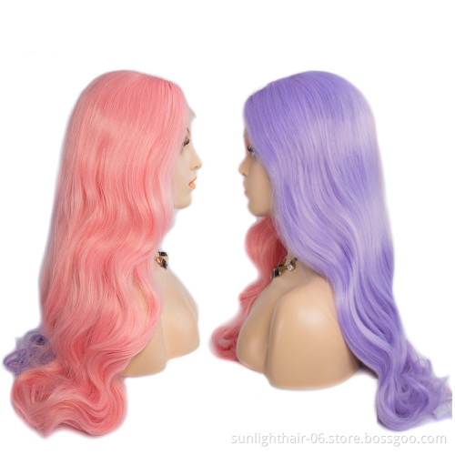Sunlight body Wavy Half Pink and Half Purple Synthetic Lace Front Wigs for Women Middle Part Cosplay synthetic fiber hair wig